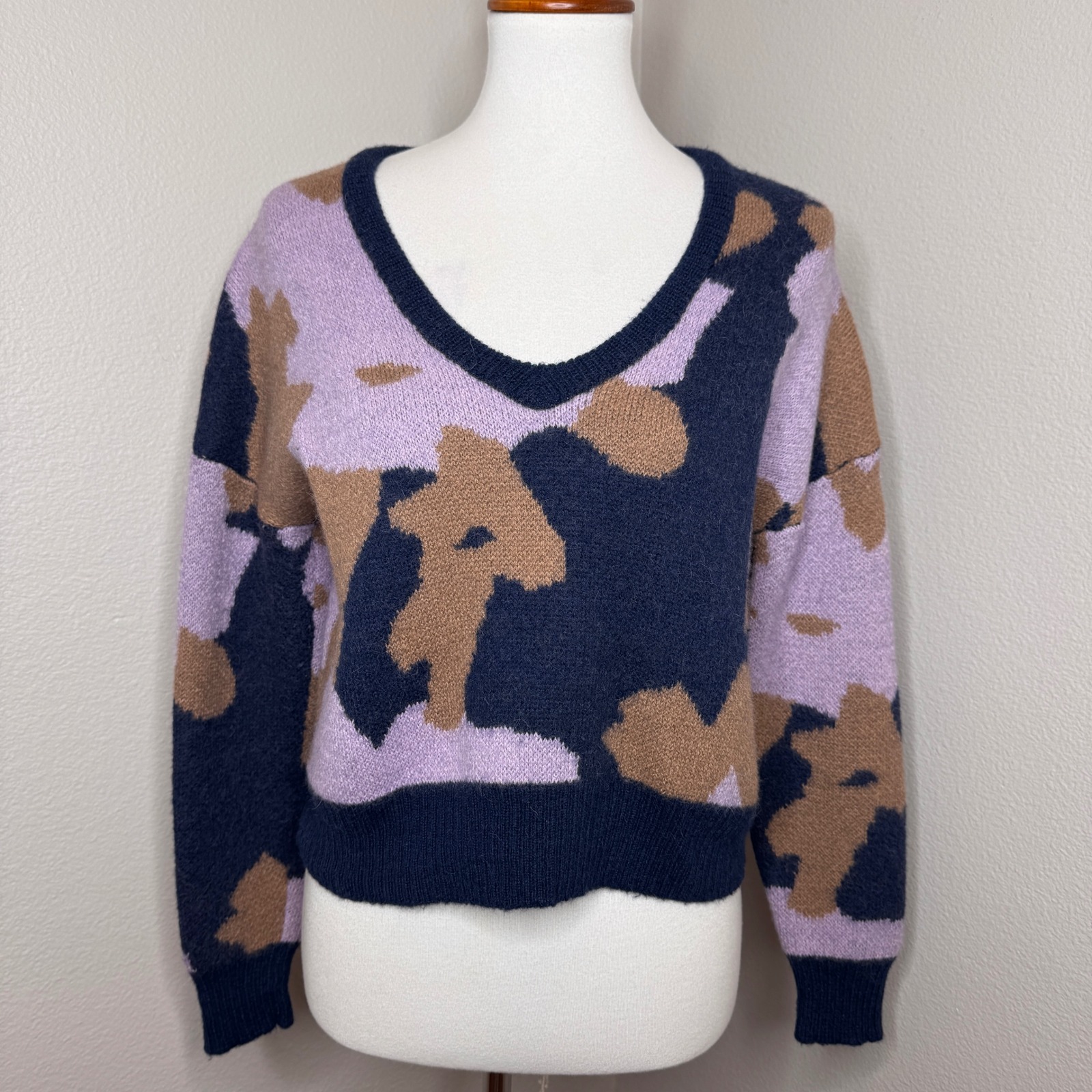 Nation Ltd Bijou Sweater Xs Baby Alpaca Blend V Neck Camo Cropped Soft Colorful